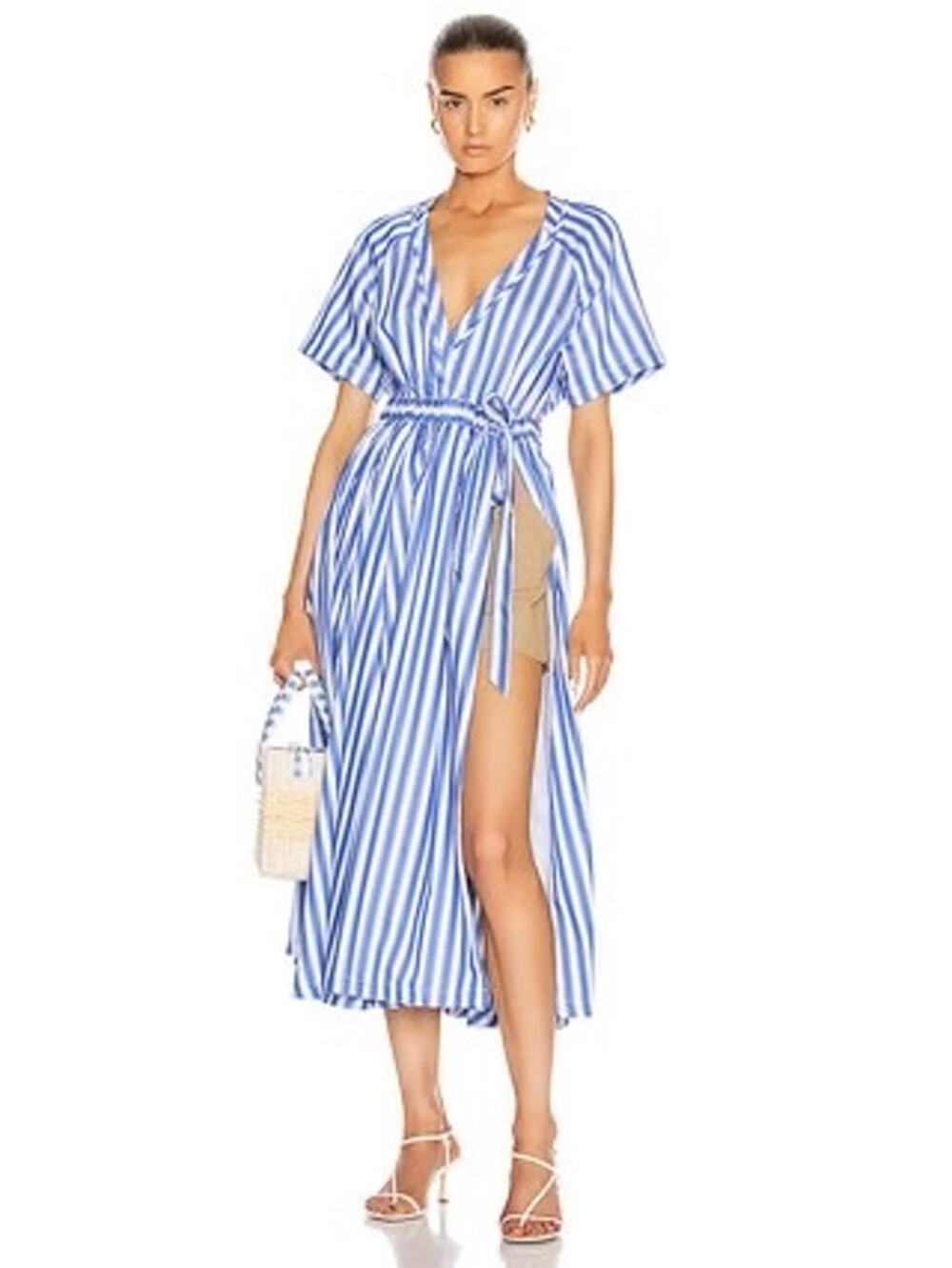 ROSIE ASSOULIN Blue White Striped Wrap Skort Side Slit V-Neckline Dress Size 6